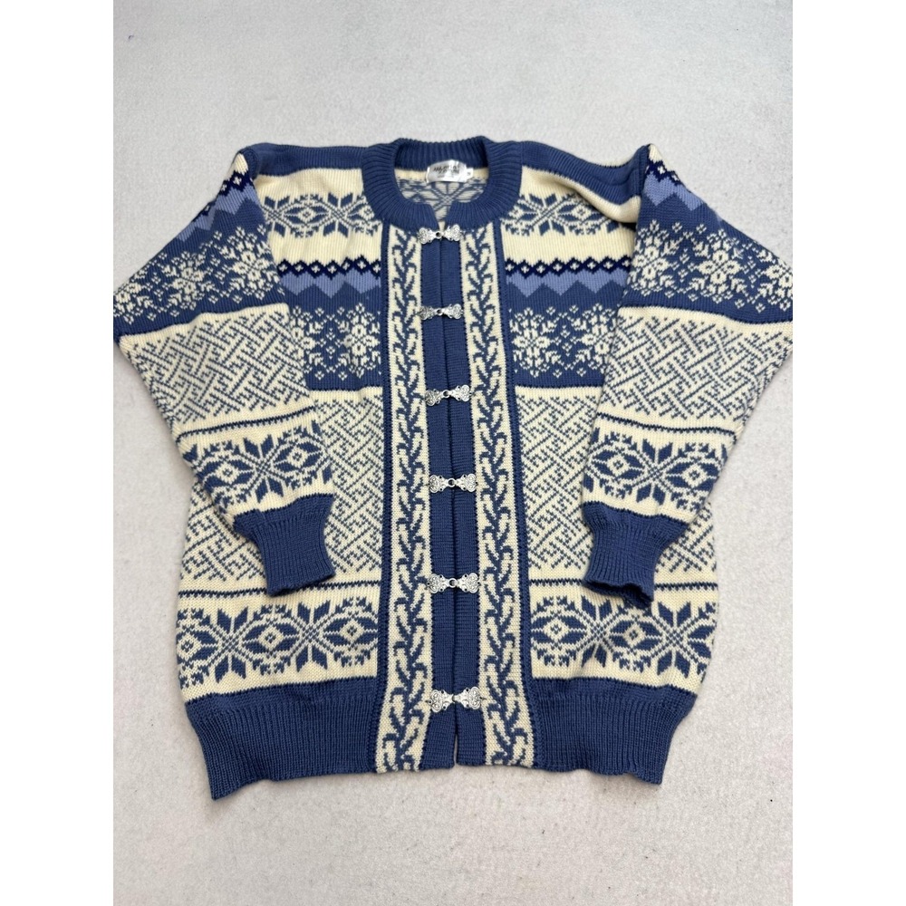 Maria Lammi Cardigan Sweater Womens Medium‎ Blue 100% Merino Wool Fair Isle Ski